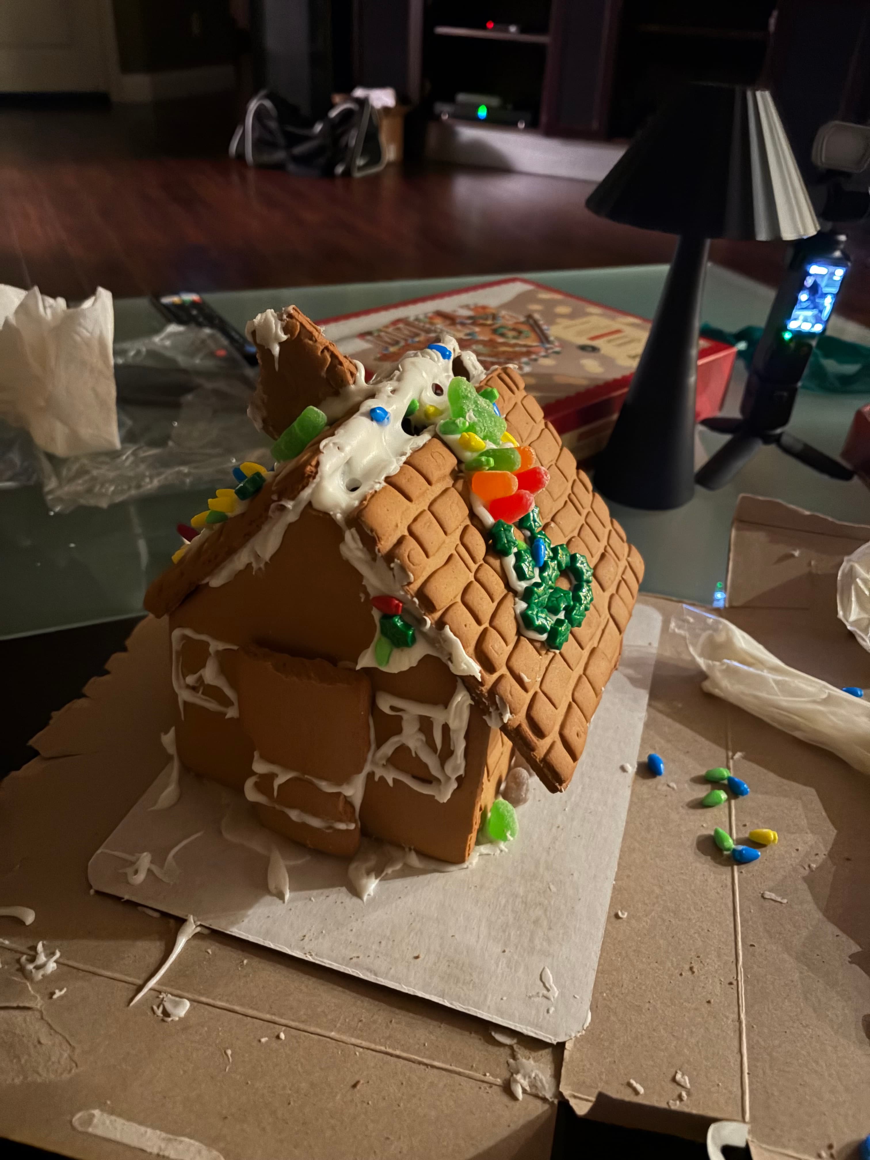 Decorated gingerbread house on a table